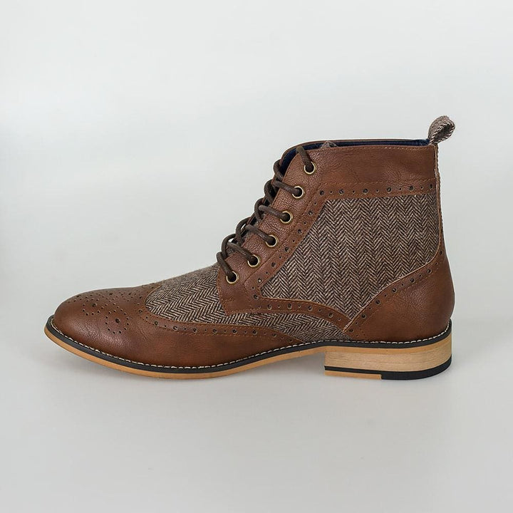 Cavani Sherlock Brown Mens Tweed Brogue Boots - Shoes