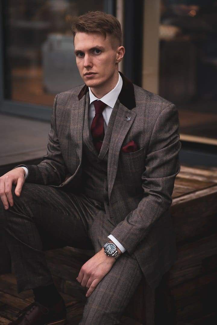 Tweed Brown Suit Connall 3 Piece Slim Fit Check by House of Cavani - Suit & Tailoring