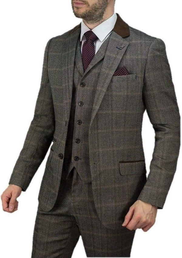 Tweed Brown Suit Connall 3 Piece Slim Fit Check by House of Cavani - 36R / 30R - Suit & Tailoring