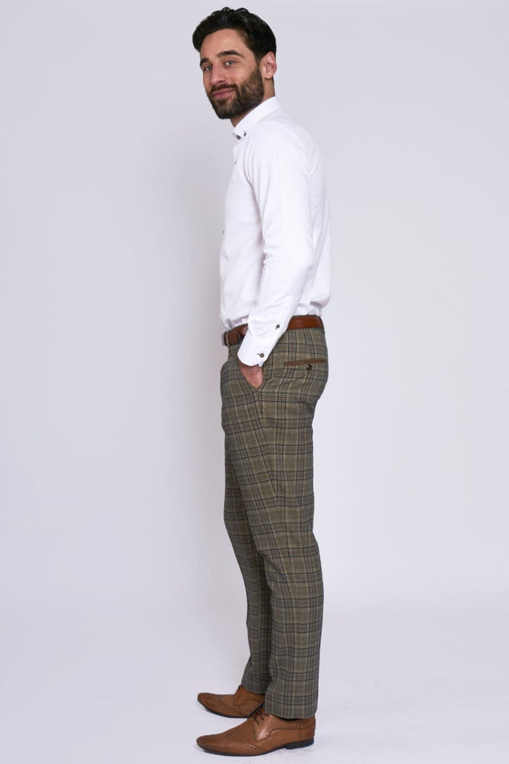 ENZO - Tan Check Tweed Trousers - Suit & Tailoring