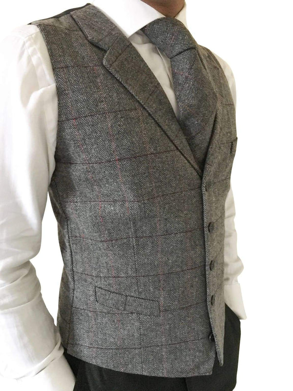 Wool Blend Tailored Fit Grey Tweed Waistcoat by L A Smith - Waistcoats