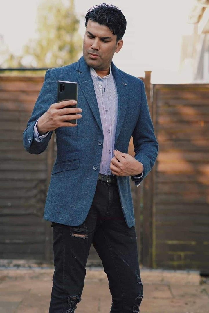 Cavani Carnegi Men’s Blue Slim Fit tweed Check Blazer - Suit & Tailoring