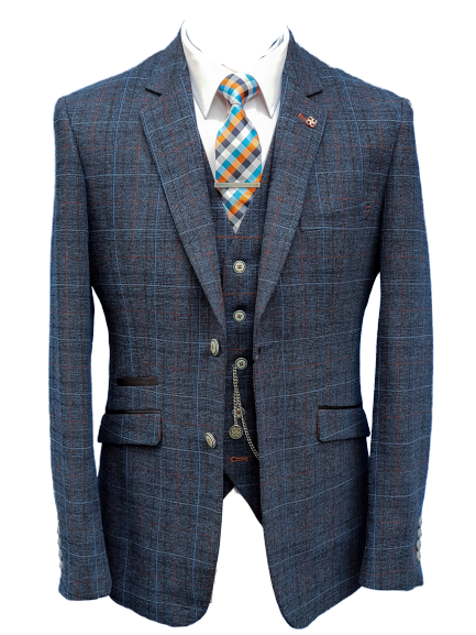 Cavani Cody Mens 3 Piece Blue Check Slim Fit Suit - Suit & Tailoring
