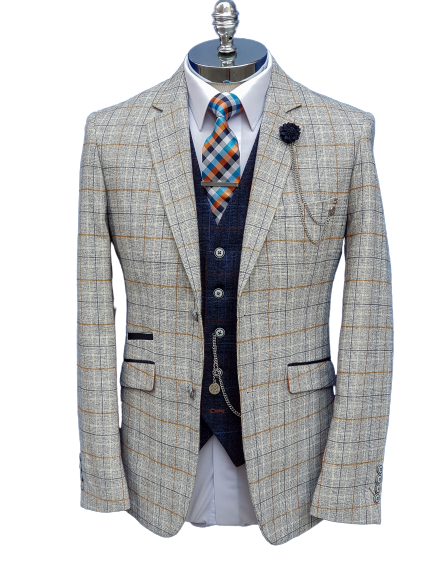 Cavani Cody Mens 3 Piece Cream Check Slim Fit Suit - 44R / 36R - Suit & Tailoring