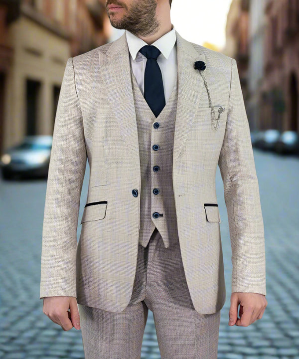 Mens Wedding 3 Piece Slim Fit Suit Cream Cavani Caridi - menswearr.com