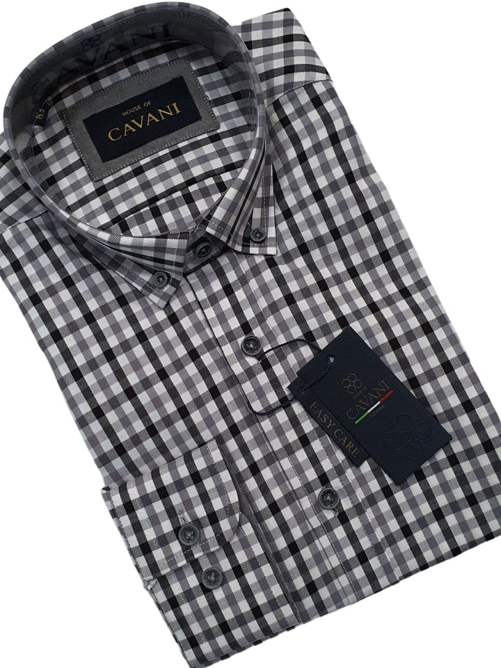 Cavani Men’s Grey Gingham Button Down Collar Shirt - Shirts
