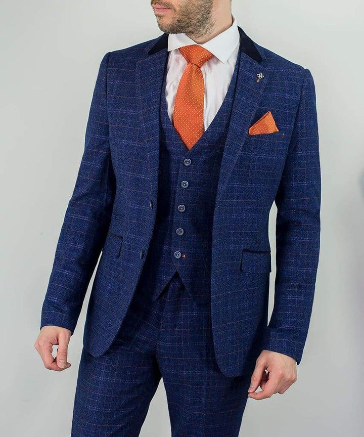 Tweed Style Blue Cavani Kaiser 3 Piece Slim Fit Check Suit - Suit & Tailoring