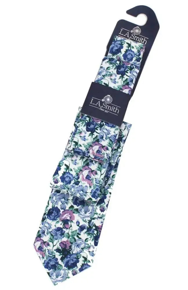 L A Smith Blue Beautifull Flower Tie And Hank Set - Accessories