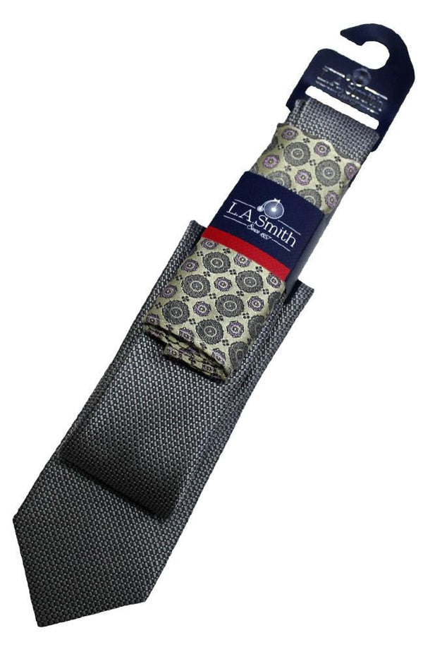 L A Smith Grey Medallion Silk Tie And Hank Set - Accessories