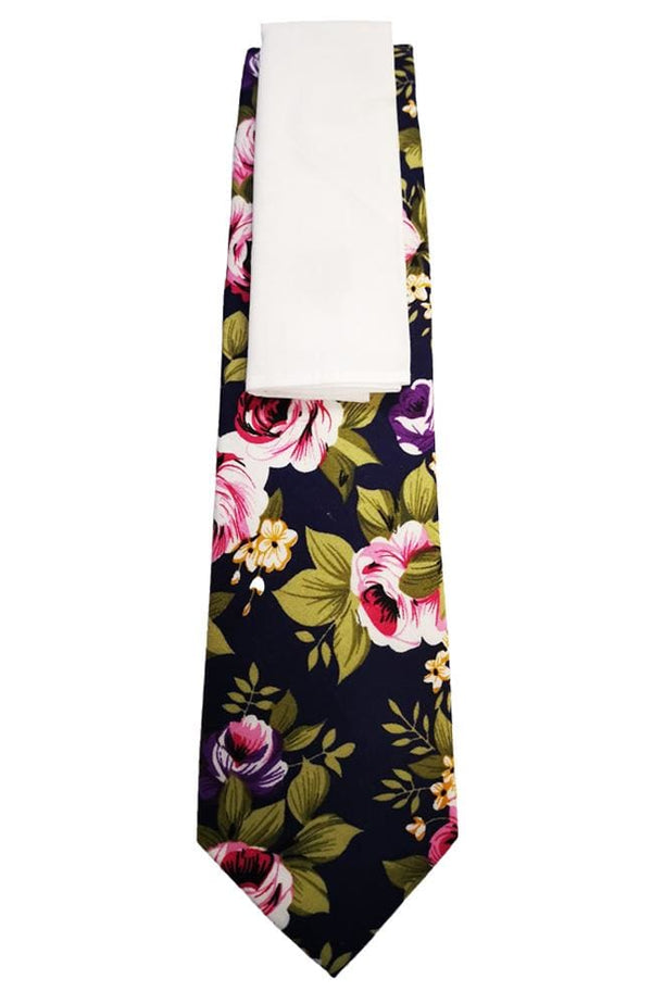 L A Smith Navy Floral Cotton Tie And Hank Set - Accessories