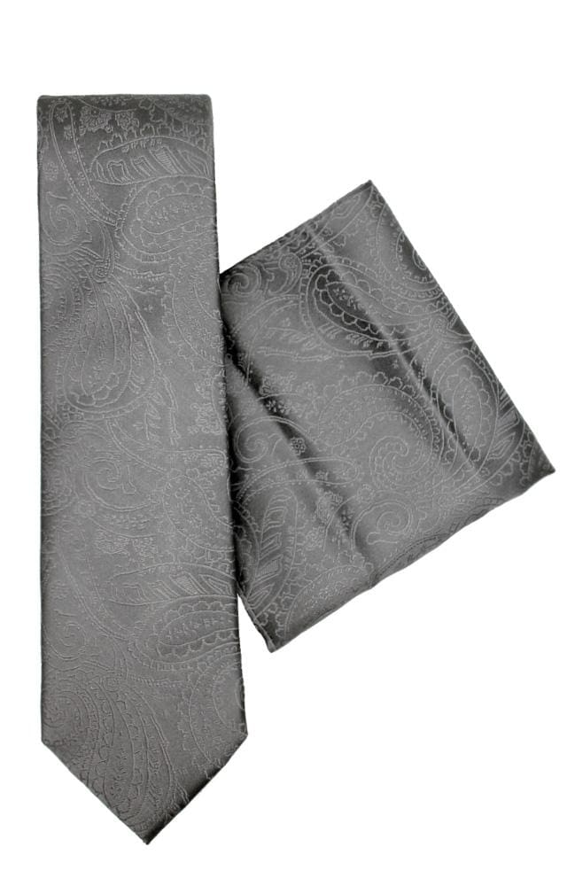 L A Smith Paisley Grey Silk Tie And Hank Set - Accessories