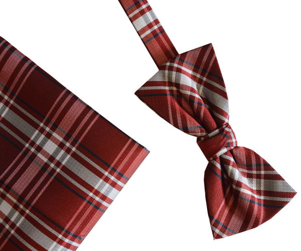 L A Smith Poly Red Check Bow Tie And Hank Set - Accessories