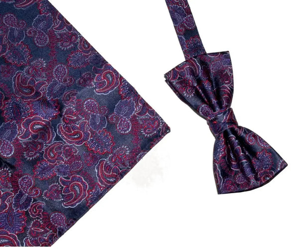 L A Smith Red Purple Paisley Silk Bow Tie And Hank Set - Accessories