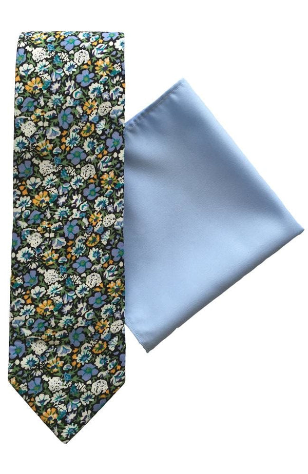 L A Smith Blue Yellow White Floral Cotton Tie And Hank Set - Accessories