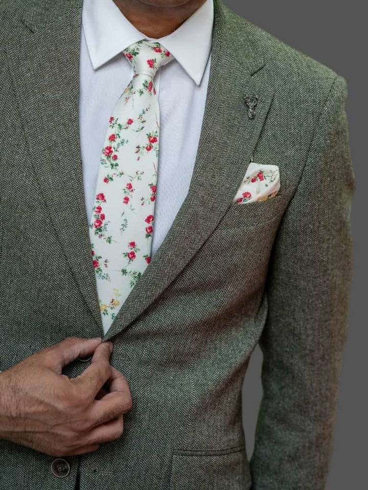 Liberty Fabric Ivory Green Red Cotton Tie - Accessories