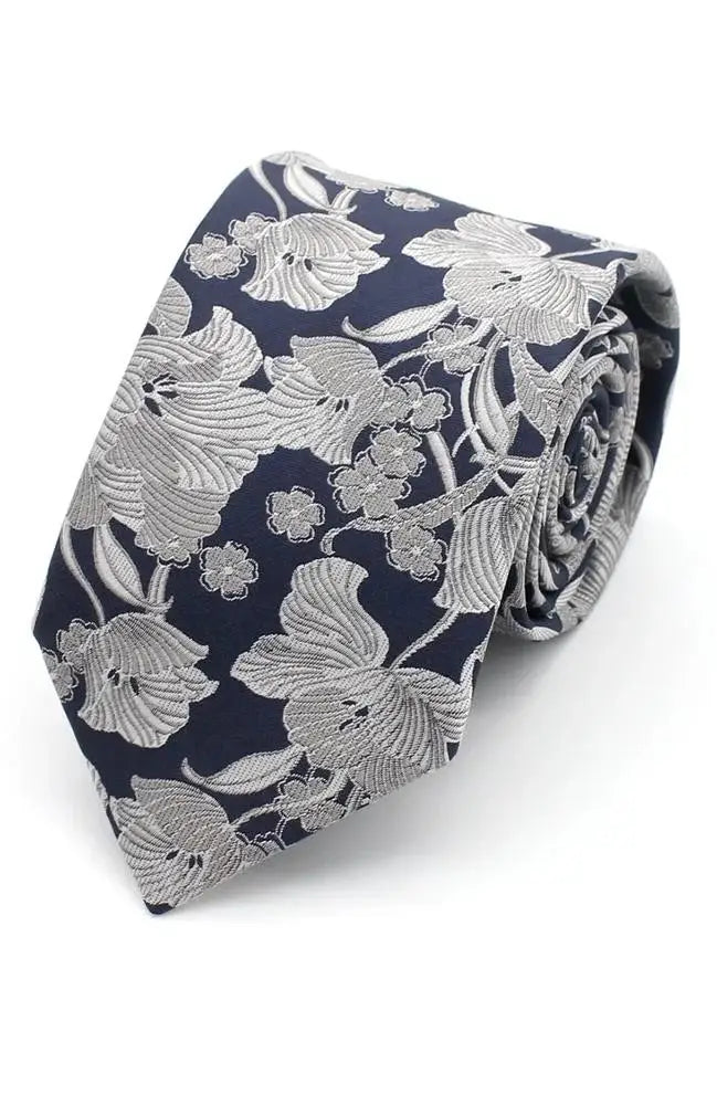 LA Smith Structured Floral Tie - Pewter on Navy - tie