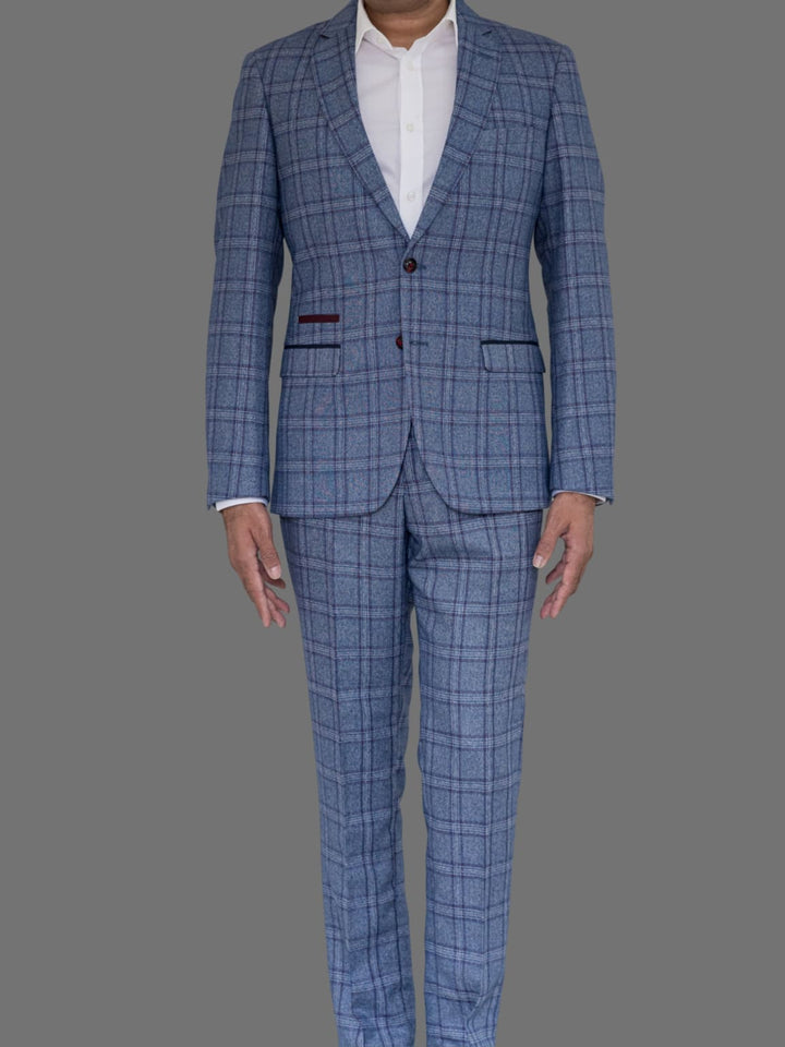 Marc Darcy Abbott Men’s Blue Tweed Check Trousers - Suit & Tailoring