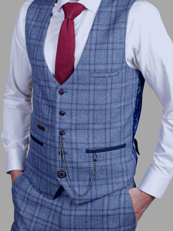 Marc Darcy Abbott Men’s Blue Tweed Check Waistcoat - MENSWEARR.COM - 34R | EU44 - Men’s Waistcoats