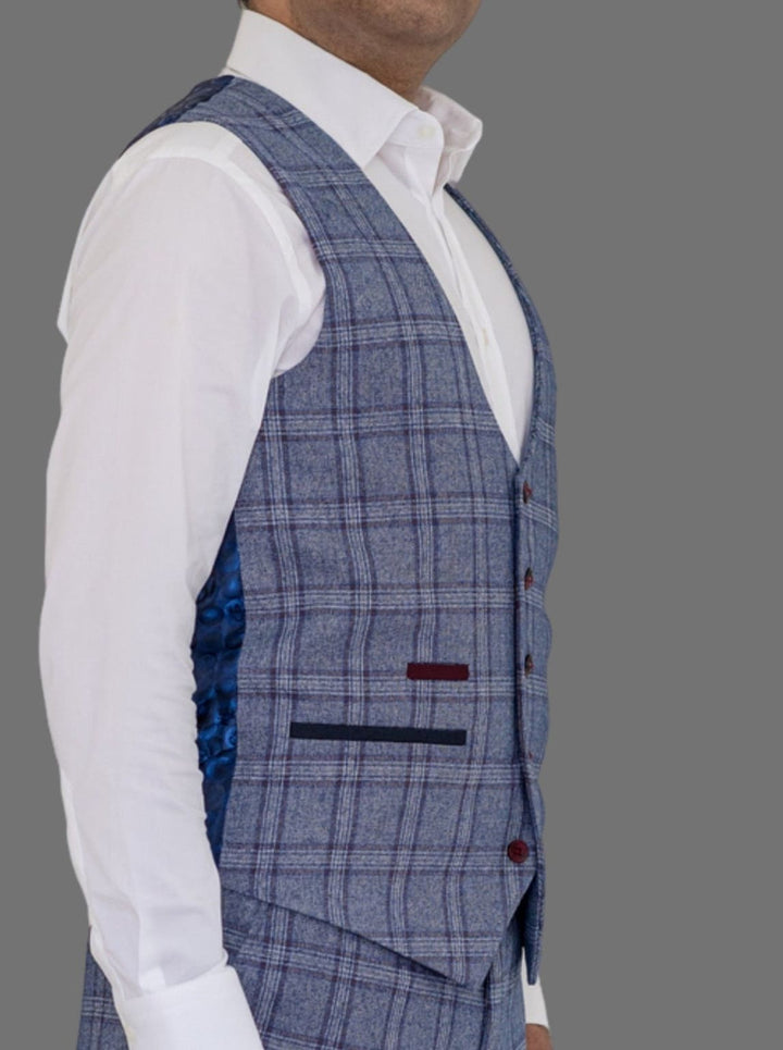 Marc Darcy Abbott Men’s Blue Tweed Check Waistcoat - Suit & Tailoring