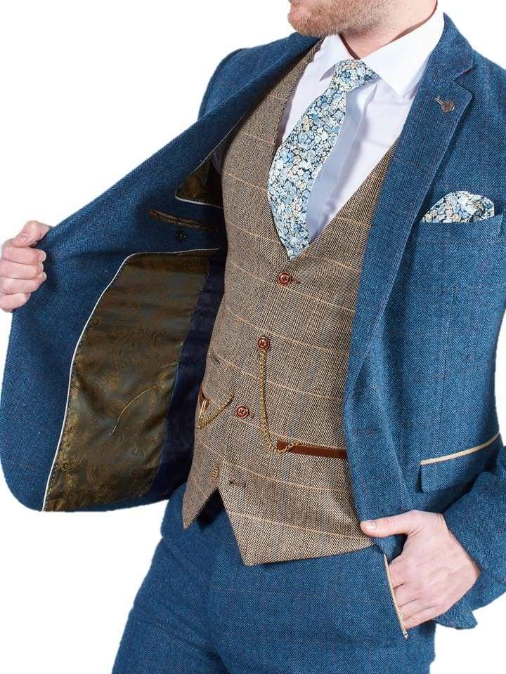 Blue Tweed Wedding Suit with Brown Waistcoat Marc Darcy Dion Ted - 36R / 30R - Suit & Tailoring