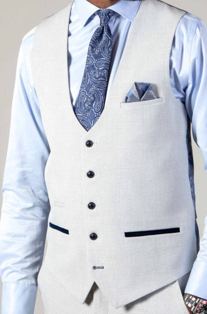 Marc Darcy Bromley Stone Single Breasted Check Waistcoat - Suit & Tailoring