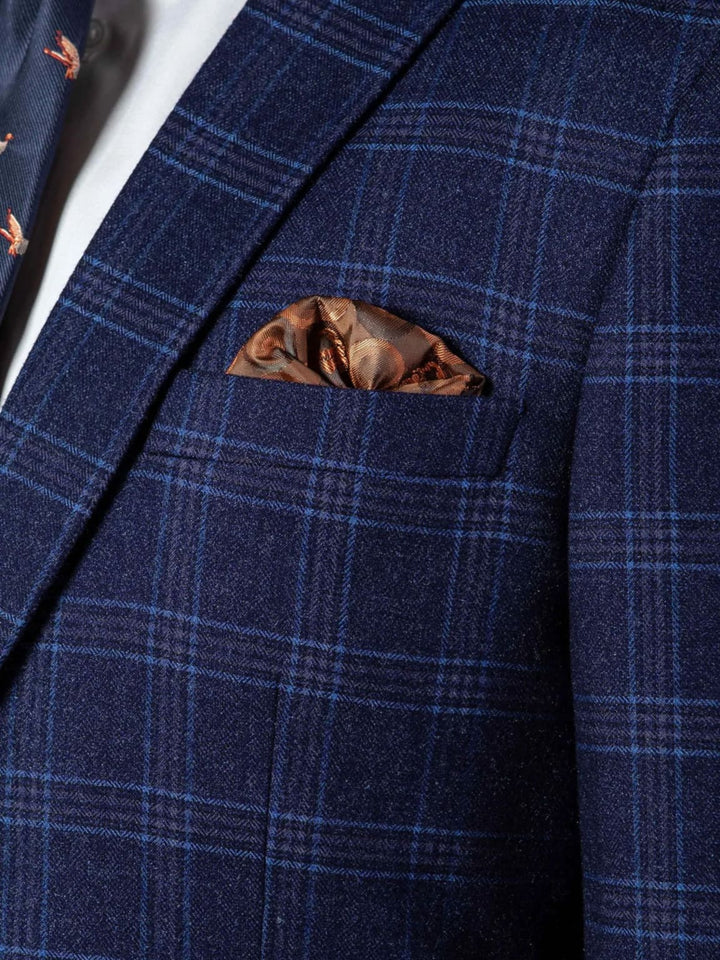 Marc Darcy Chigwell Men's Blue Tweed Check Three Piece Suit with a complimentary brown hank