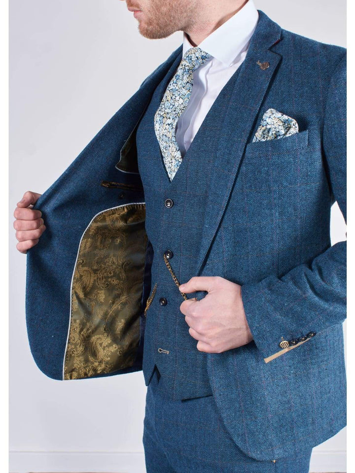 Marc Darcy Dion Mens 3 Piece Blue Slim Fit Check Tweed Suit - 36R / 30R - Suit & Tailoring