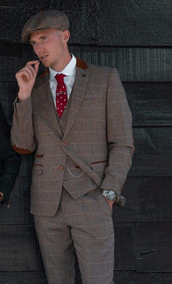 Marc Darcy DX7 Mens Tan Heritage Tweed Check Blazer - Suit & Tailoring