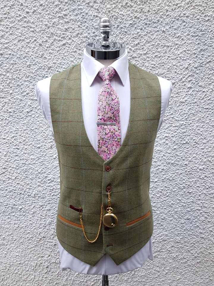 Marc Darcy ELLIS Moss Green Check Tweed Three Piece Suit - Suit & Tailoring