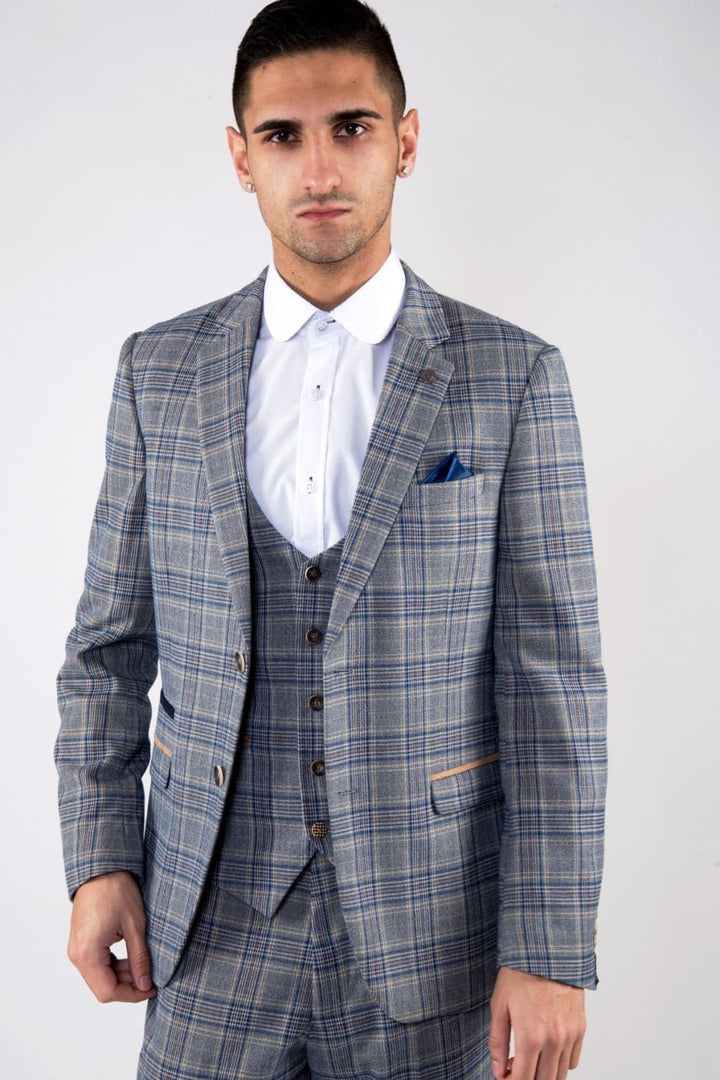 Marc Darcy Enzo Blue Stone Tweed Check Blazer - Suit & Tailoring