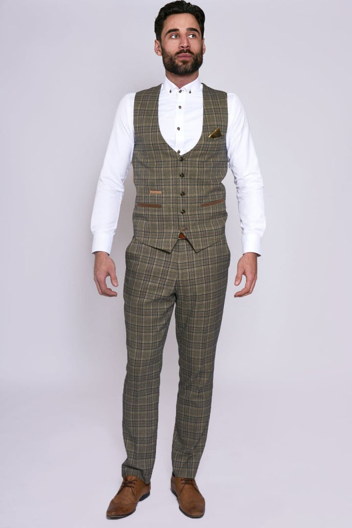 Marc Darcy Enzo Tan Check Tweed Single Breasted Waistcoat - Suit & Tailoring