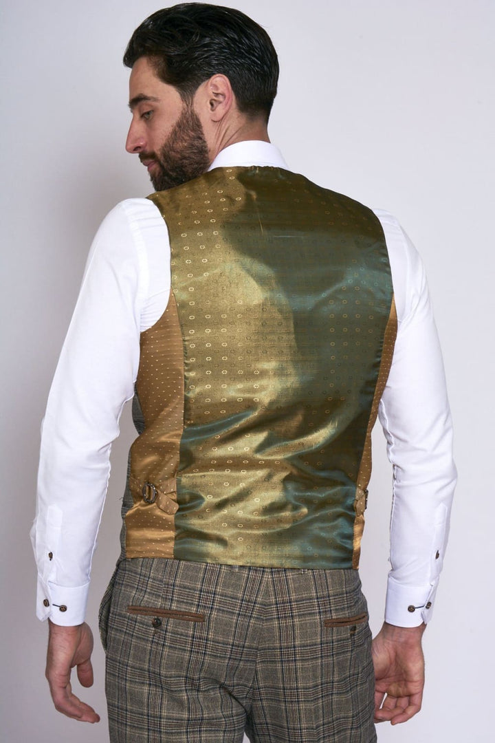 Marc Darcy Enzo Tan Check Tweed Single Breasted Waistcoat - Suit & Tailoring