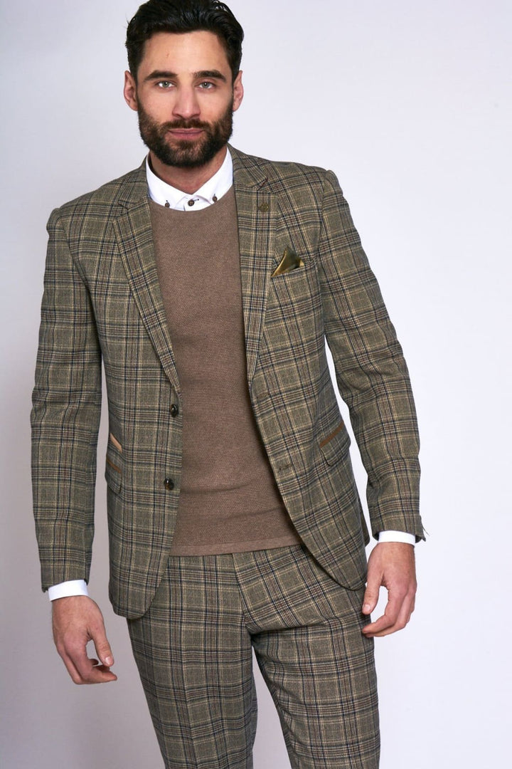 Marc Darcy Enzo Tan Tweed Check Blazer - 34R - Suit & Tailoring