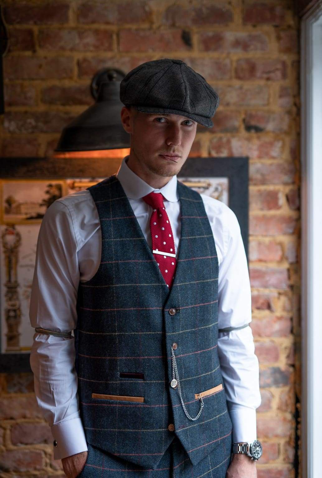 Mens check clearance trousers and waistcoat