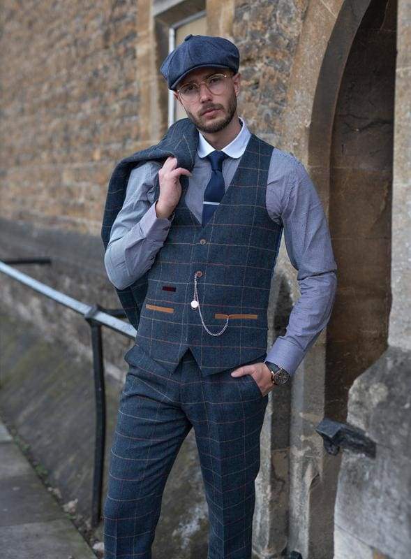 Marc Darcy Eton Mens Blue Slim Fit Tweed Check Suit Waistcoat - Suit & Tailoring