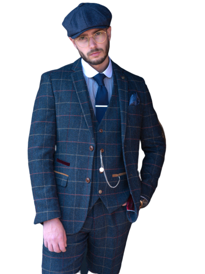 Navy Blue Tweed Check Three Piece Suit Eton by Marc Darcy - 36R / 30R - Suit & Tailoring