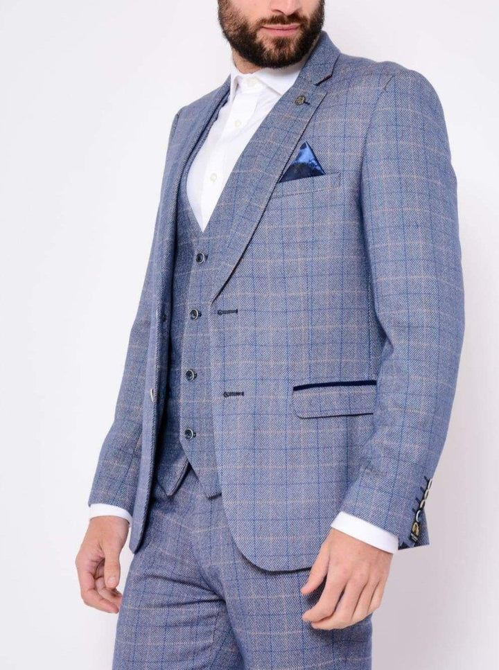 Marc Darcy Harry Light Blue Slim Fit Tweed Check Suit Blazer - 34R - Suit & Tailoring