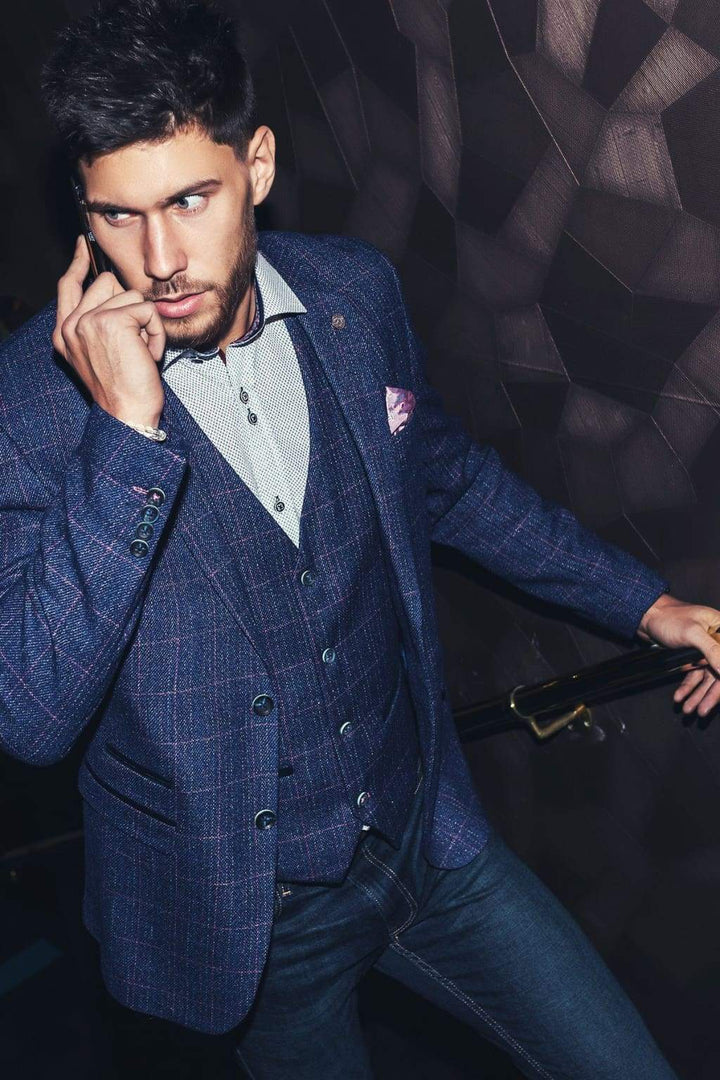 Marc Darcy Harry Mens Blue Slim Fit Tweed Check Suit Jacket - 34R | EU44 - Suit & Tailoring