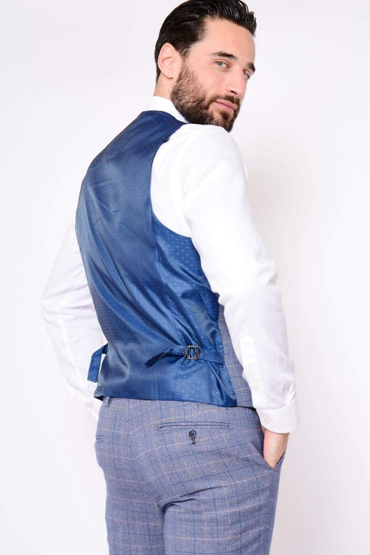Marc Darcy Hilton Blue Tweed Check Single Breasted Waistcoat - Suit & Tailoring