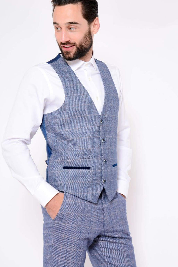 Marc Darcy Hilton Blue Tweed Check Single Breasted Waistcoat - Suit & Tailoring