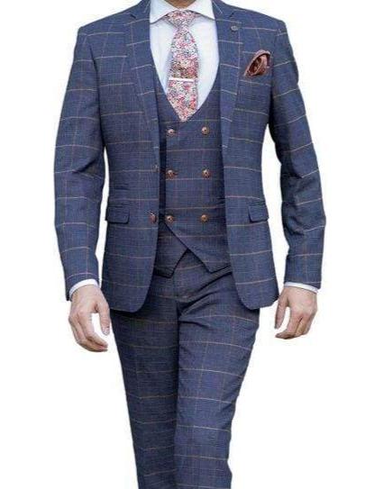 Marc Darcy Jenson Men’s Marine-Navy Slim Fit Check Blazer - Suit & Tailoring