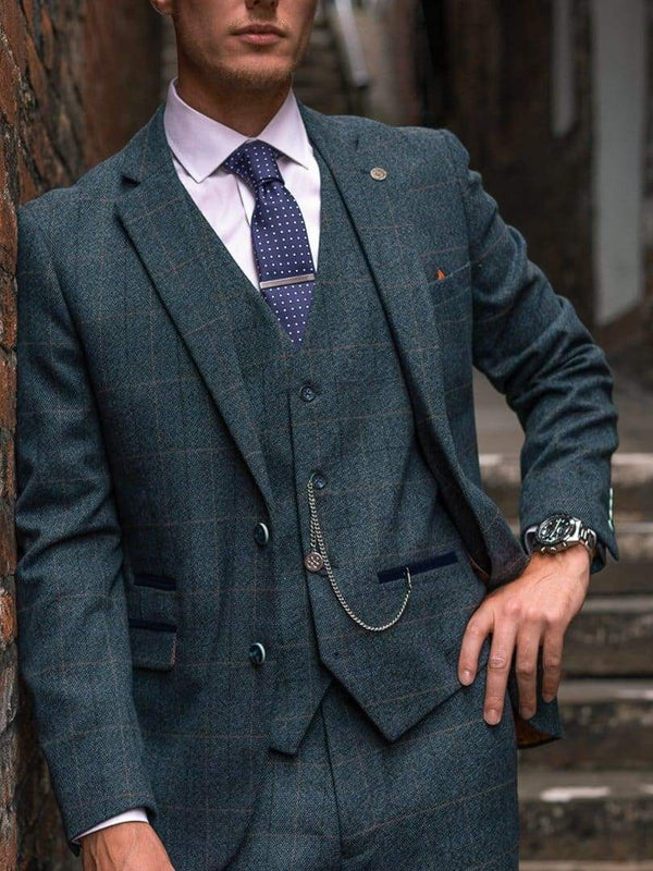 Marc Darcy Scott Blue Check 3-Piece Suit - MENSWEARR.COM - Men’s Tweed Suits