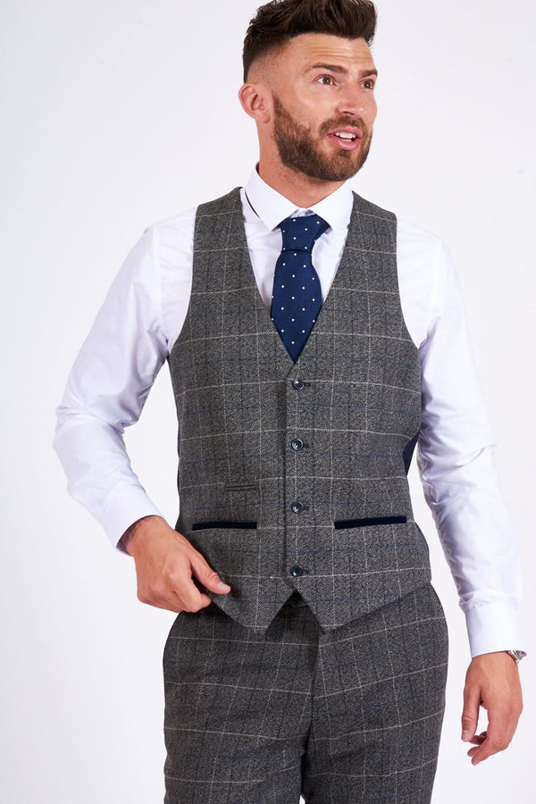 Marc Darcy Scott Grey Tweed Check Three Piece Suit - Suit & Tailoring