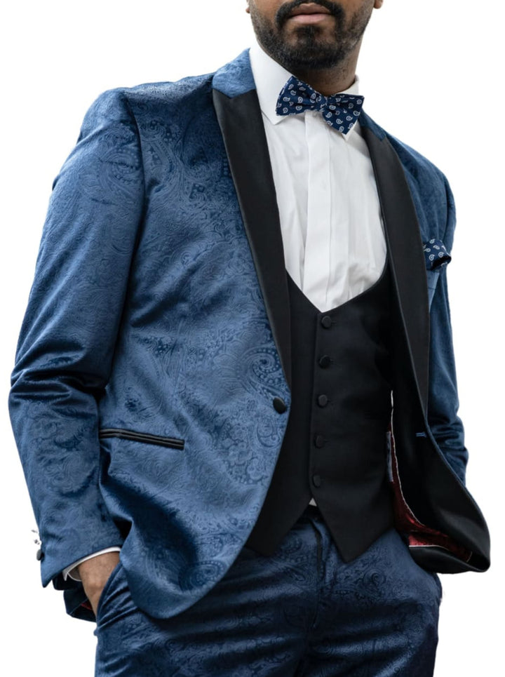 Marc Darcy  Simon Velvet Navy Blue Paisley Tuxedo Blazer - MENSWEARR
