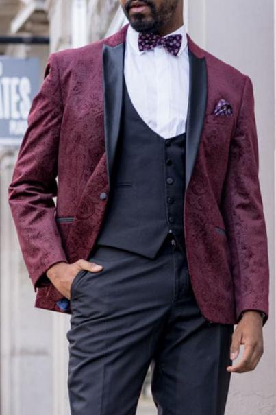 Simon Wine Velvet Tux Lapel Jacquard Blazer - Jackets