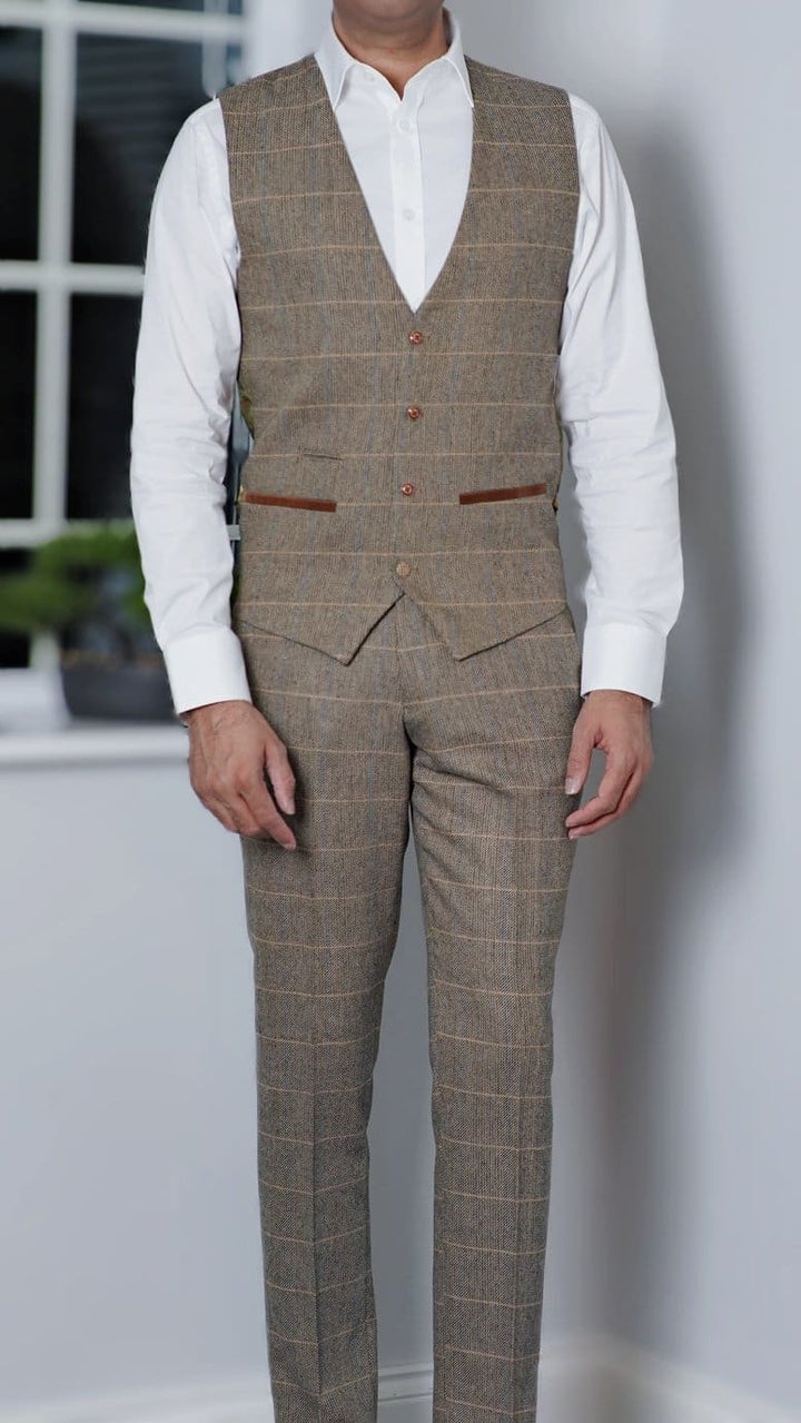 Marc Darcy Ted Men’s 3 Piece Tan Slim Fit Tweed Suit - Suit & Tailoring