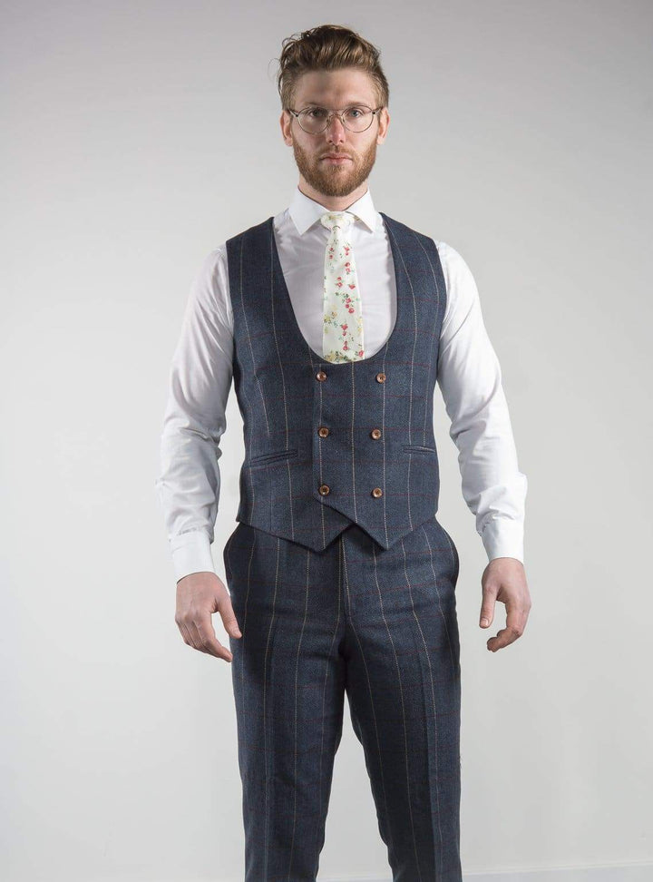 Mens Tweed Waistcoat Marco Prince Keaton Navy Tweed Check Double Breasted - Suit & Tailoring