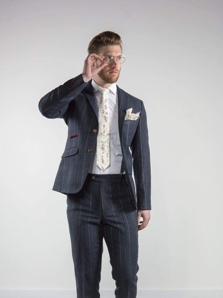 Mens Tweed Blazer Keaton Navy Herringbone Check Slim Fit Jacket by Marco Prince - Suit & Tailoring