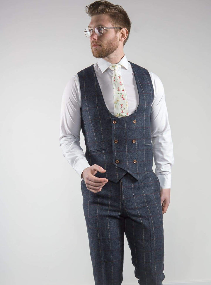 Marco Prince Keaton Mens 3 Piece Blue Slim Fit Check Tweed Suit - Suit & Tailoring
