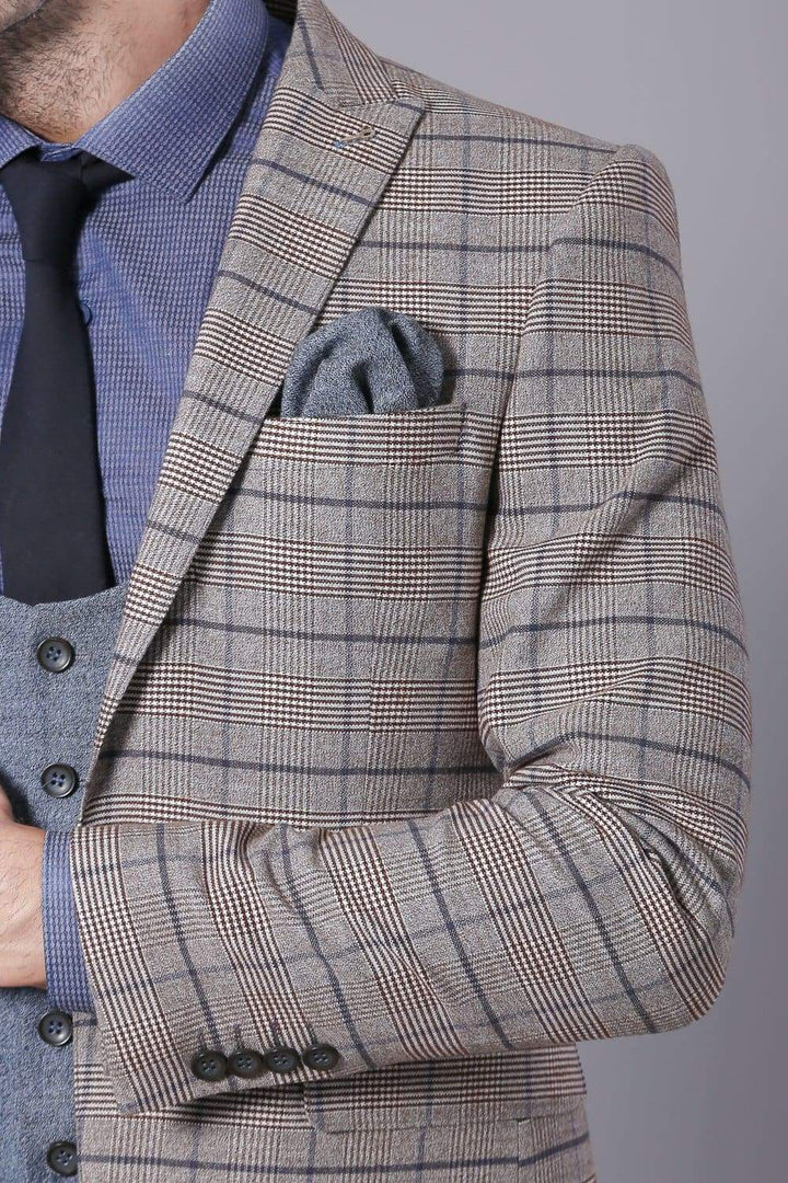 Rocco Mens 3 Piece Beige Blue Tweed Check Slim Fit Suit - Suit & Tailoring